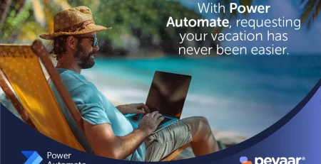 Man relaxing on a tropical beach while working on a laptop, with a Power Automate and Pevaar branding, promoting automated vacation request management.