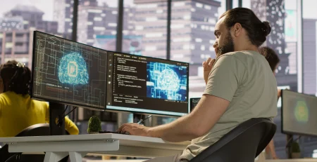 person developing a code in front of a computer. AI in Software Development