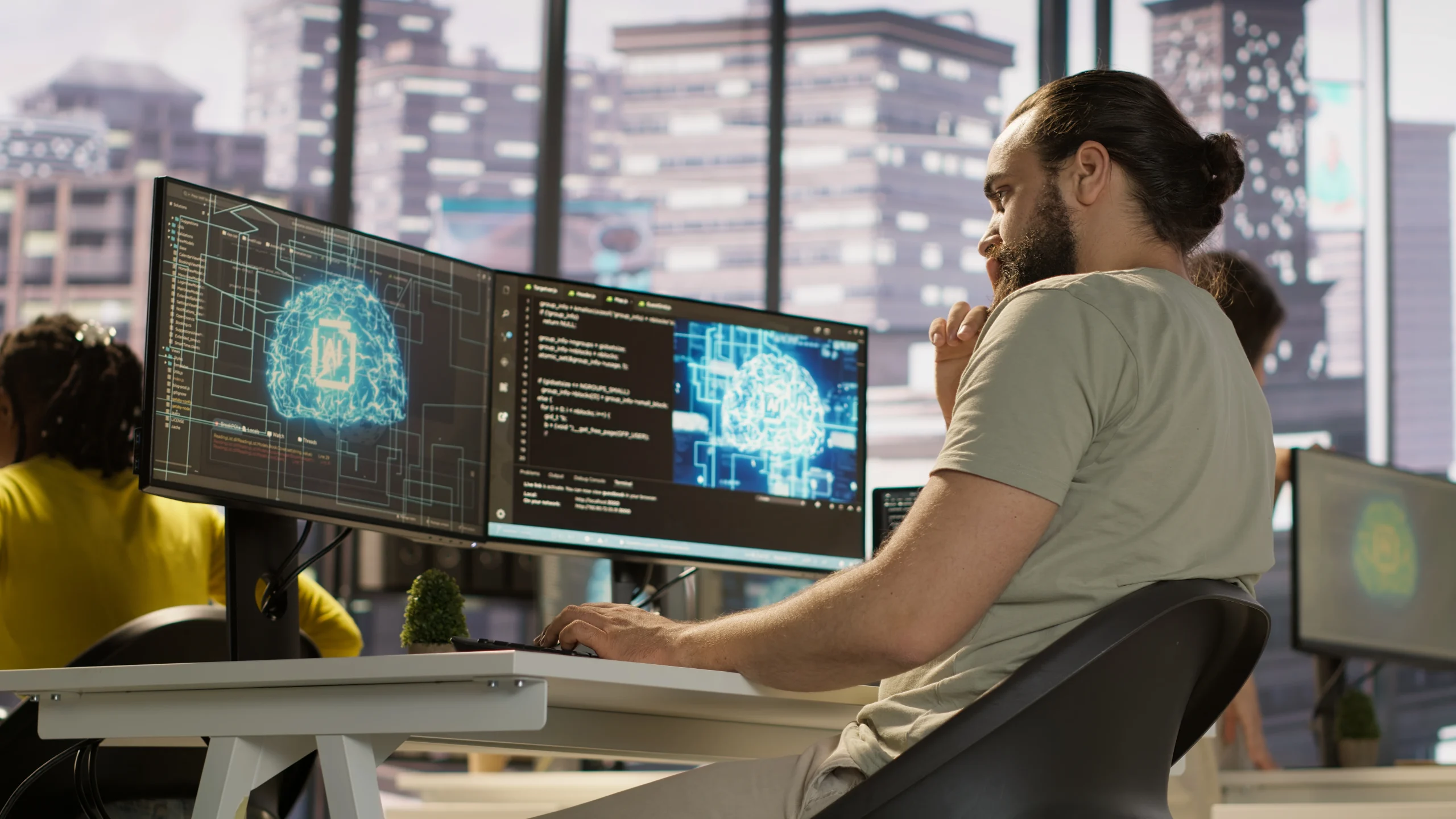 person developing a code in front of a computer. AI in Software Development