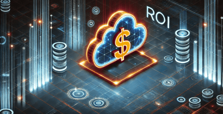 A cloud with a dollar sign at its center, surrounded by technology icons, symbolizing Cloud ROI and the value of cloud transformation investment