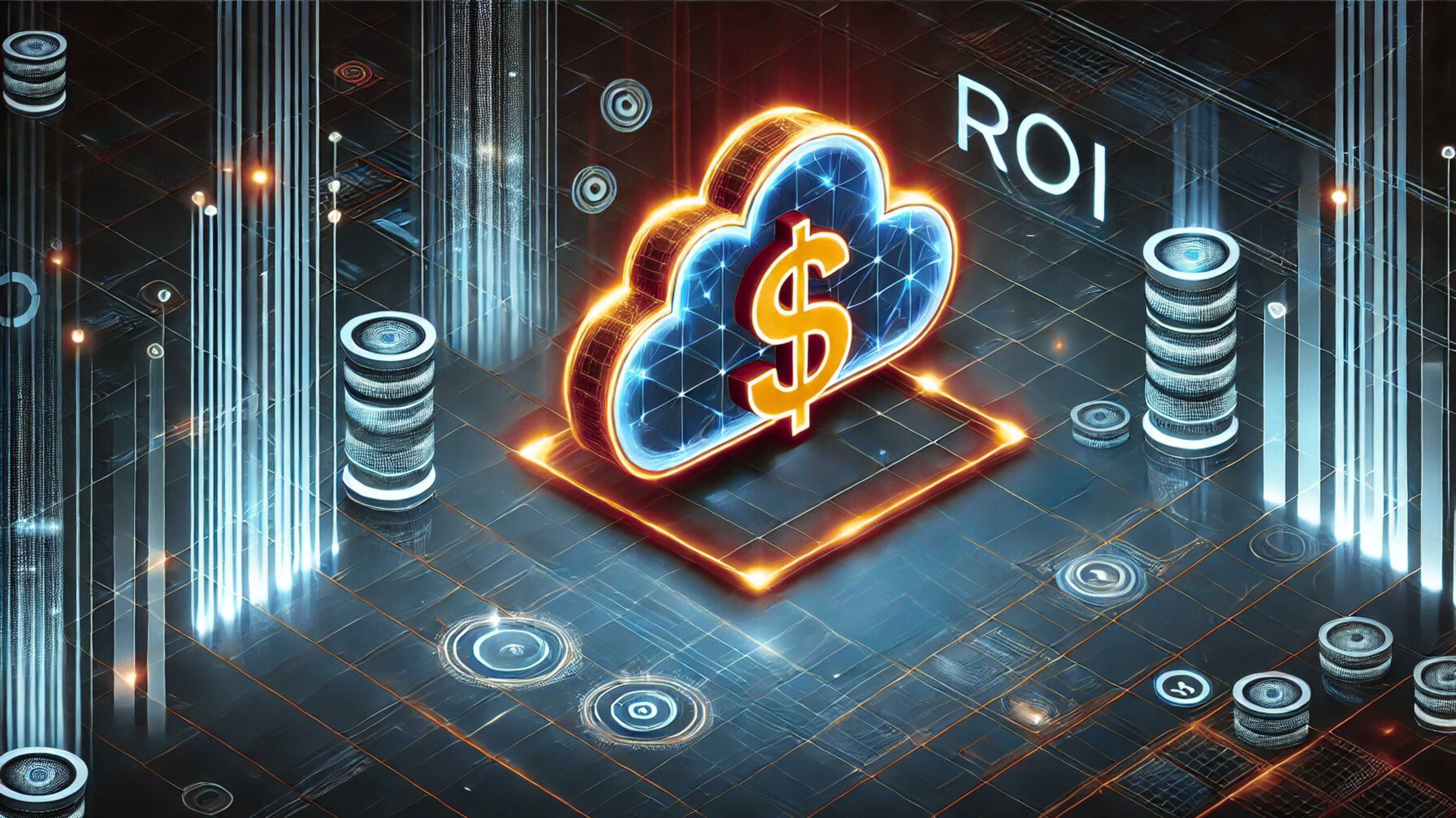 A cloud with a dollar sign at its center, surrounded by technology icons, symbolizing Cloud ROI and the value of cloud transformation investment