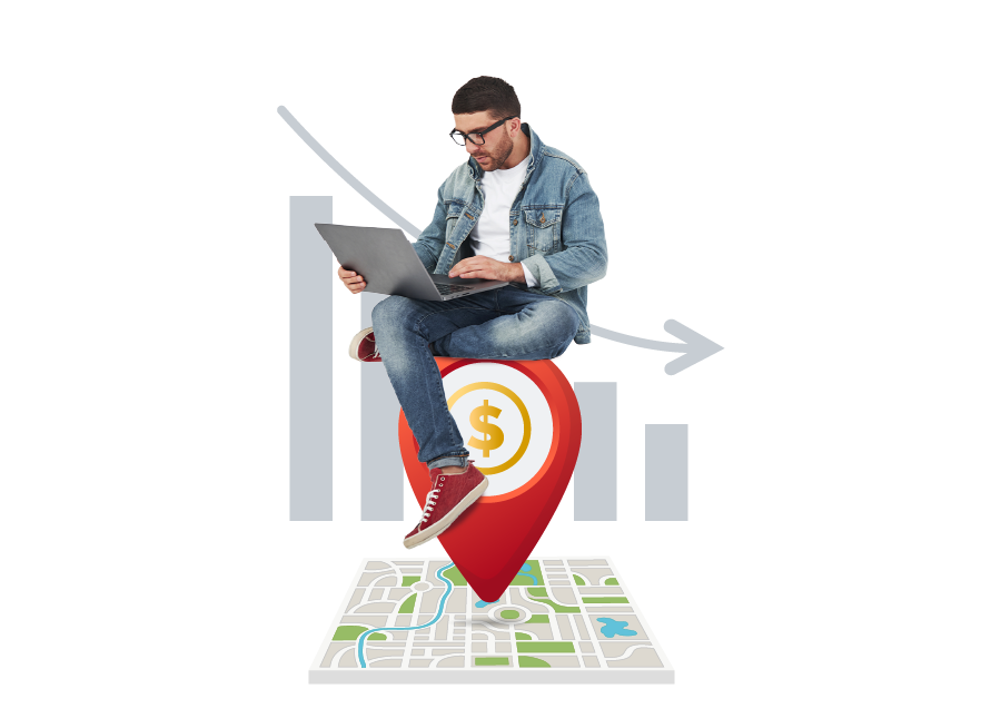 A man wearing glasses, a denim jacket, and red sneakers sitting on a red location pin with a dollar sign, holding a laptop, placed over a map, with graph bars and an upward arrow in the background.