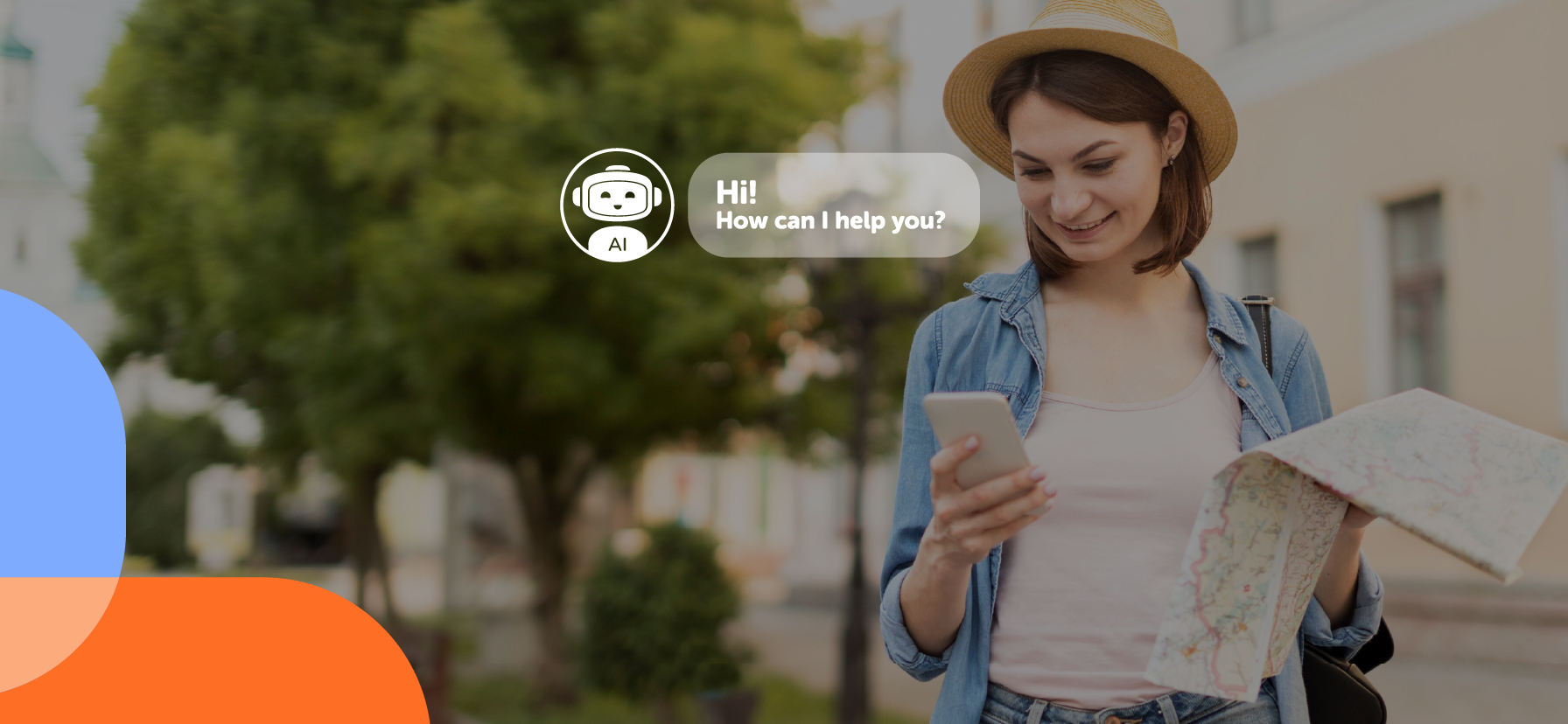 A young woman with a straw hat and a denim jacket, holding a smartphone in one hand and a map in the other. She is smiling while looking at her phone. The background consists of a tree-lined street with blurred buildings. There is a chatbot icon with the text "Hi! How can I help you?" indicating AI assistance. The bottom left corner of the image has abstract blue and orange shapes.