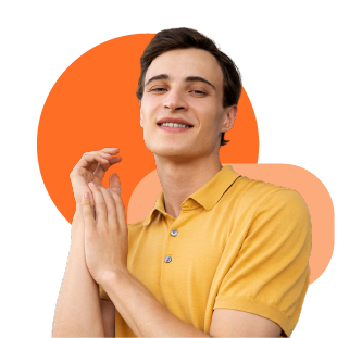 Individual in a yellow polo shirt standing in front of overlapping orange and peach Pevaar logo shapes.