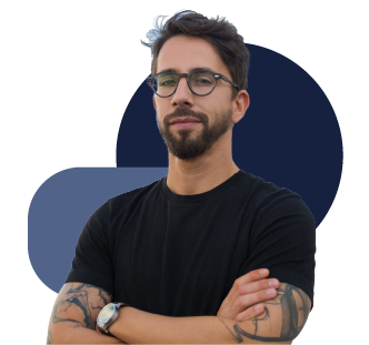Individual in a black t-shirt with crossed arms, set against overlapping navy blue and slate blue Pevaar logo shapes in the background.