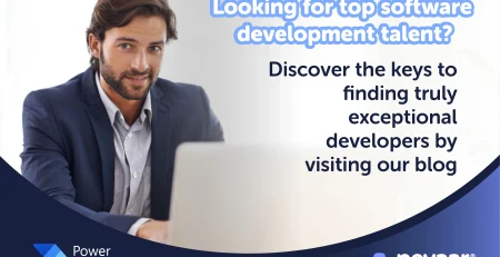 Professional man in blue suit working on a laptop, next to a banner promoting a blog about hiring strategies with software developer recruiters, featuring logos of Power Automate and Pevaar