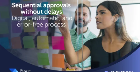 Woman pointing at sticky notes on a glass board next to a colleague while planning a digital approval process with automated data processing. Overlaid text reads 'Sequential approvals without delays. Digital, automatic, and error-free process.' Power Automate and Pevaar logos appear at the bottom