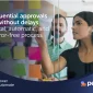 Woman pointing at sticky notes on a glass board next to a colleague while planning a digital approval process with automated data processing. Overlaid text reads 'Sequential approvals without delays. Digital, automatic, and error-free process.' Power Automate and Pevaar logos appear at the bottom