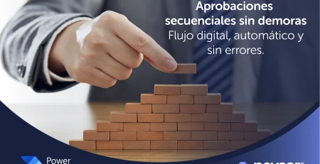 Persona colocando una pieza en una estructura de bloques como símbolo de un proceso ordenado, con el texto “Aprobaciones secuenciales sin demoras. Flujo digital, automático y sin errores con procesamiento automatizado de datos