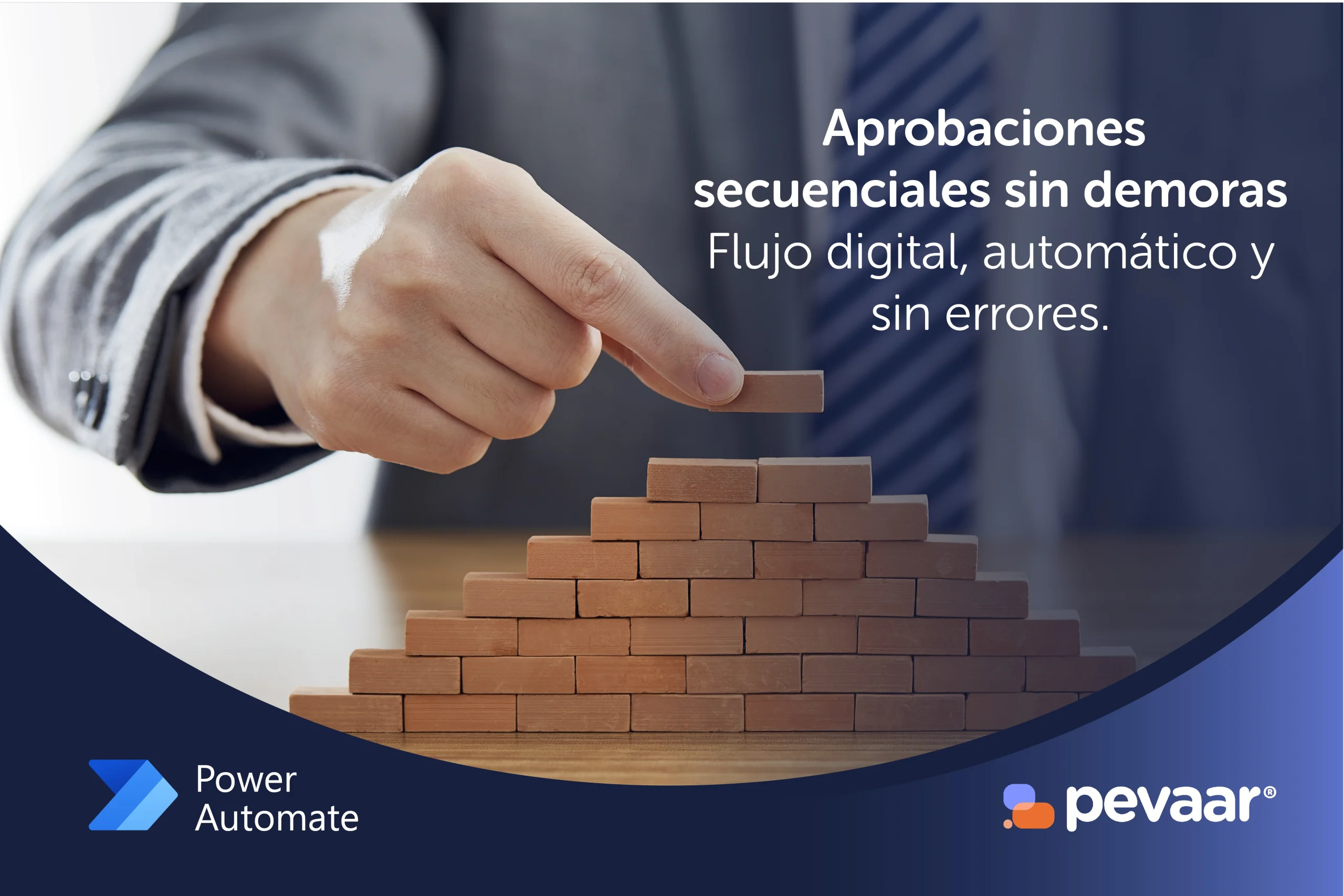 Persona colocando una pieza en una estructura de bloques como símbolo de un proceso ordenado, con el texto “Aprobaciones secuenciales sin demoras. Flujo digital, automático y sin errores con procesamiento automatizado de datos