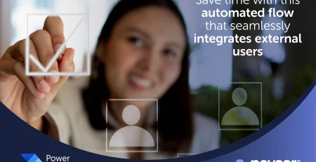 Woman pointing at a digital checkbox, representing an automated flow with Power Automate for seamless external user integration ith automated logic