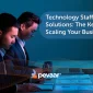 Two people working in front of laptops and papers sitting at a desk. With the text "Technology Staffing Solutions: The Key to Scaling Your Business" and the Pevaar logo.