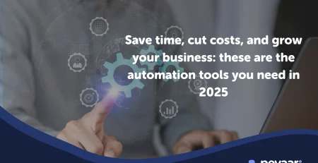 Business professional interacting with a digital interface showing automation icons, with a text overlay that reads: 'Save time, cut costs, and grow your business: these are the automation tools you need in 2025'. Logo of Pevaar at the bottom right.