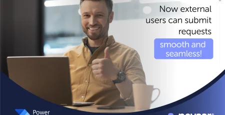 "Person sitting at a desk with a laptop, giving a thumbs-up gesture. The person's face is blurred out. On the right side of the image, there is text that reads: 'Now external users can submit requests smooth and seamless!' In the bottom left corner, there is a logo and text that says 'Power Automate.' In the bottom right corner, there is another logo and text that says 'pevaar. approval process