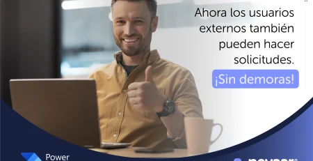 Persona sentada en un escritorio con una laptop, haciendo un gesto de aprobación con el pulgar hacia arriba. El rostro de la persona está desenfocado. A la derecha de la imagen hay un texto que dice: 'ahora los usuarios externos tambien pueden hcaer solicitud de permiso sin demoras!' En la esquina inferior izquierda hay un logo y texto que dice 'Power Automate.' En la esquina inferior derecha hay otro logo y texto que dice 'pevaar.