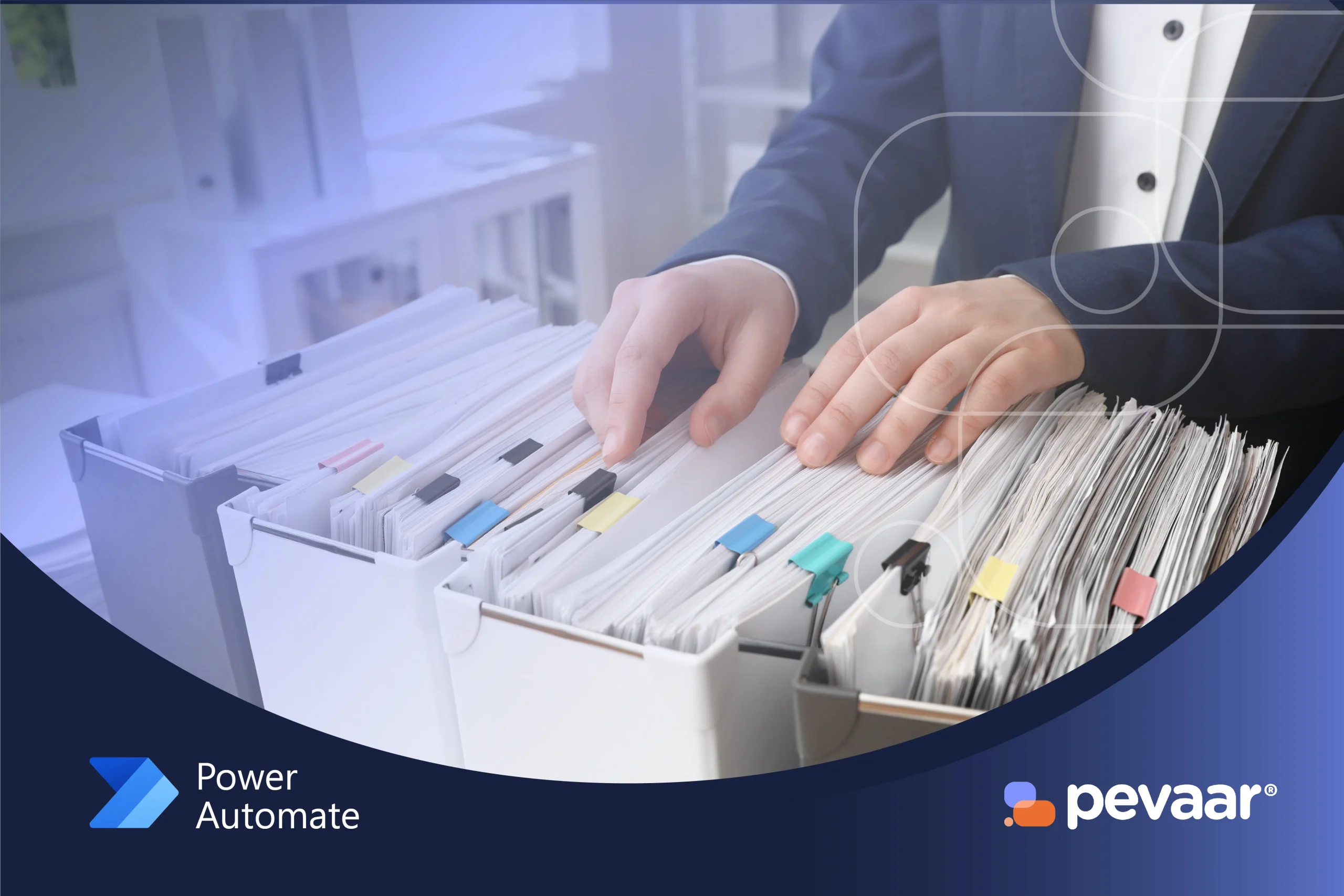 Businessperson organizing paper folders, symbolizing manual credit application processing before automation.