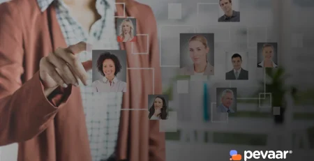 A businesswoman interacting with a virtual interface displaying diverse professional profiles, representing team selection and connectivity — symbolizing Nearshore Staff Augmentation for building remote, skilled teams across borders.
