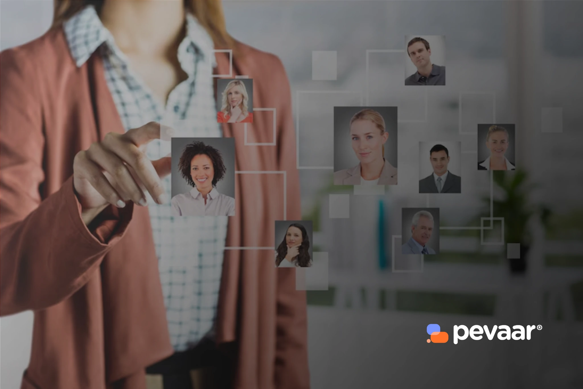 A businesswoman interacting with a virtual interface displaying diverse professional profiles, representing team selection and connectivity — symbolizing Nearshore Staff Augmentation for building remote, skilled teams across borders.