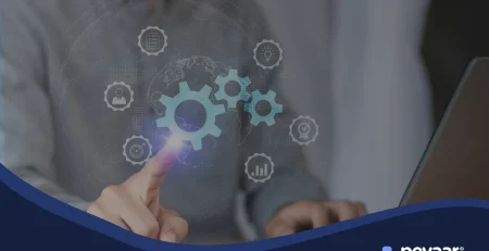 Business professional interacting with a digital interface showing automation icons, with a text overlay that reads: 'Save time, cut costs, and grow your business: these are the automation tools you need in 2025'. Logo of Pevaar at the bottom right.
