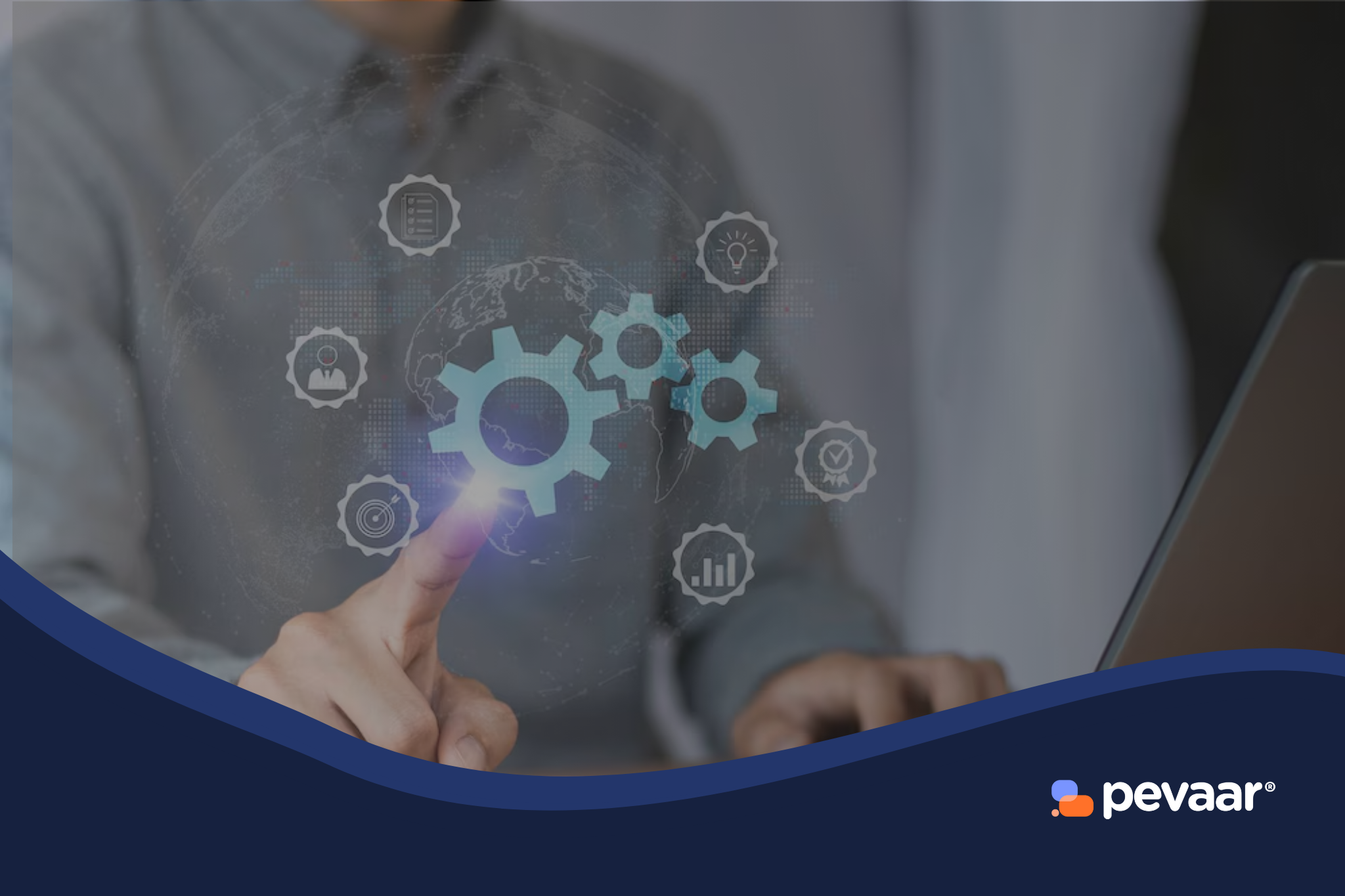 Business professional interacting with a digital interface showing automation icons, with a text overlay that reads: 'Save time, cut costs, and grow your business: these are the automation tools you need in 2025'. Logo of Pevaar at the bottom right.