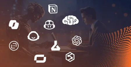A robot and a business professional working together on laptops, surrounded by logos of top AI tools like ChatGPT, Notion, and Synthesia, representing Must-Have AI Tools for business competitiveness.