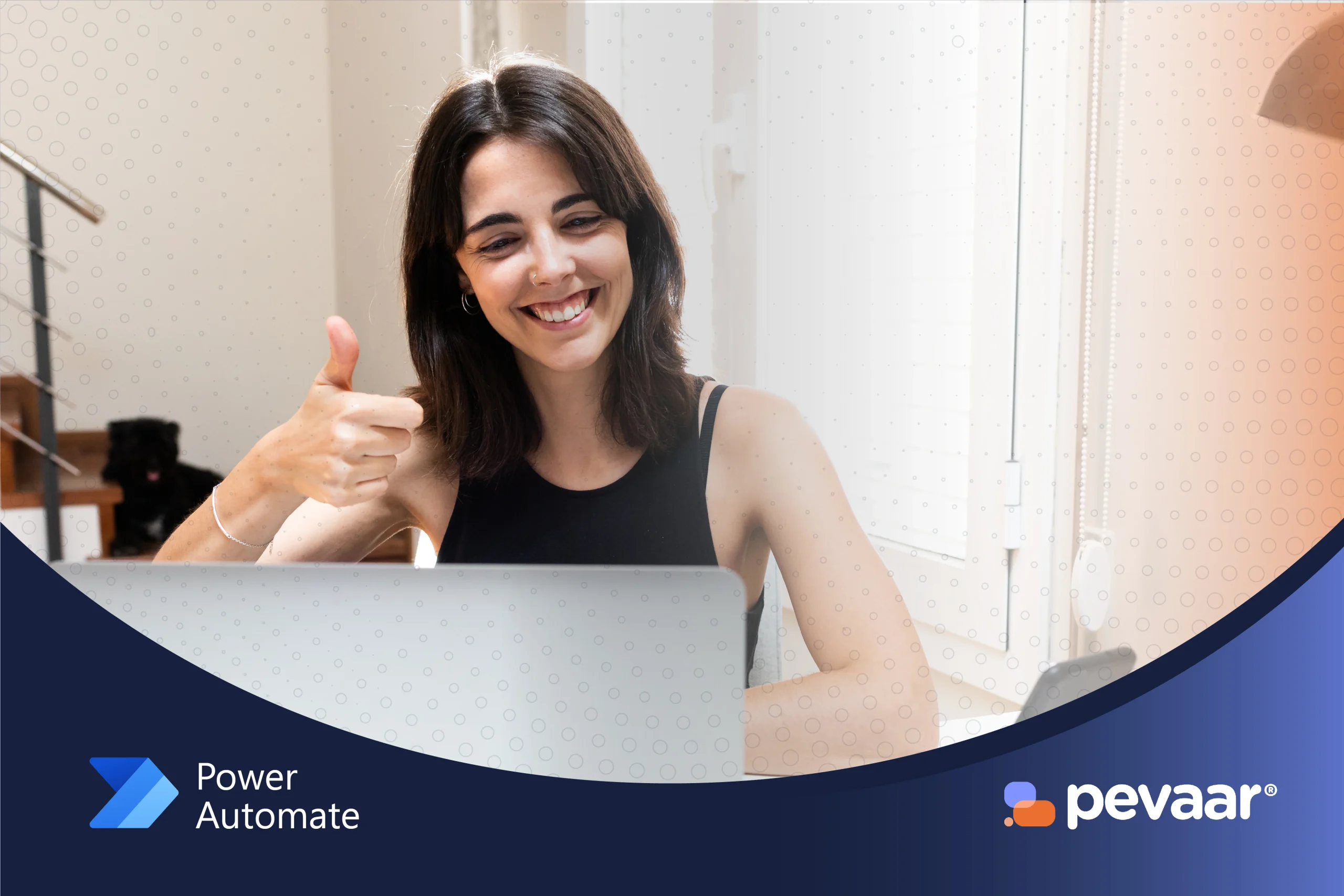 Smiling woman in front of her computer, representing the successful approval of a time off request through automation.