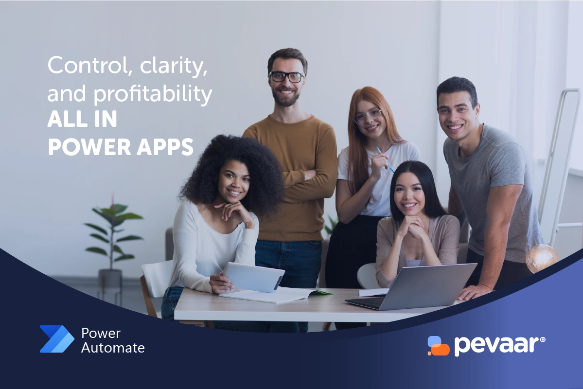 Partners working in front of a laptop enjoying the Power Apps project profitability app