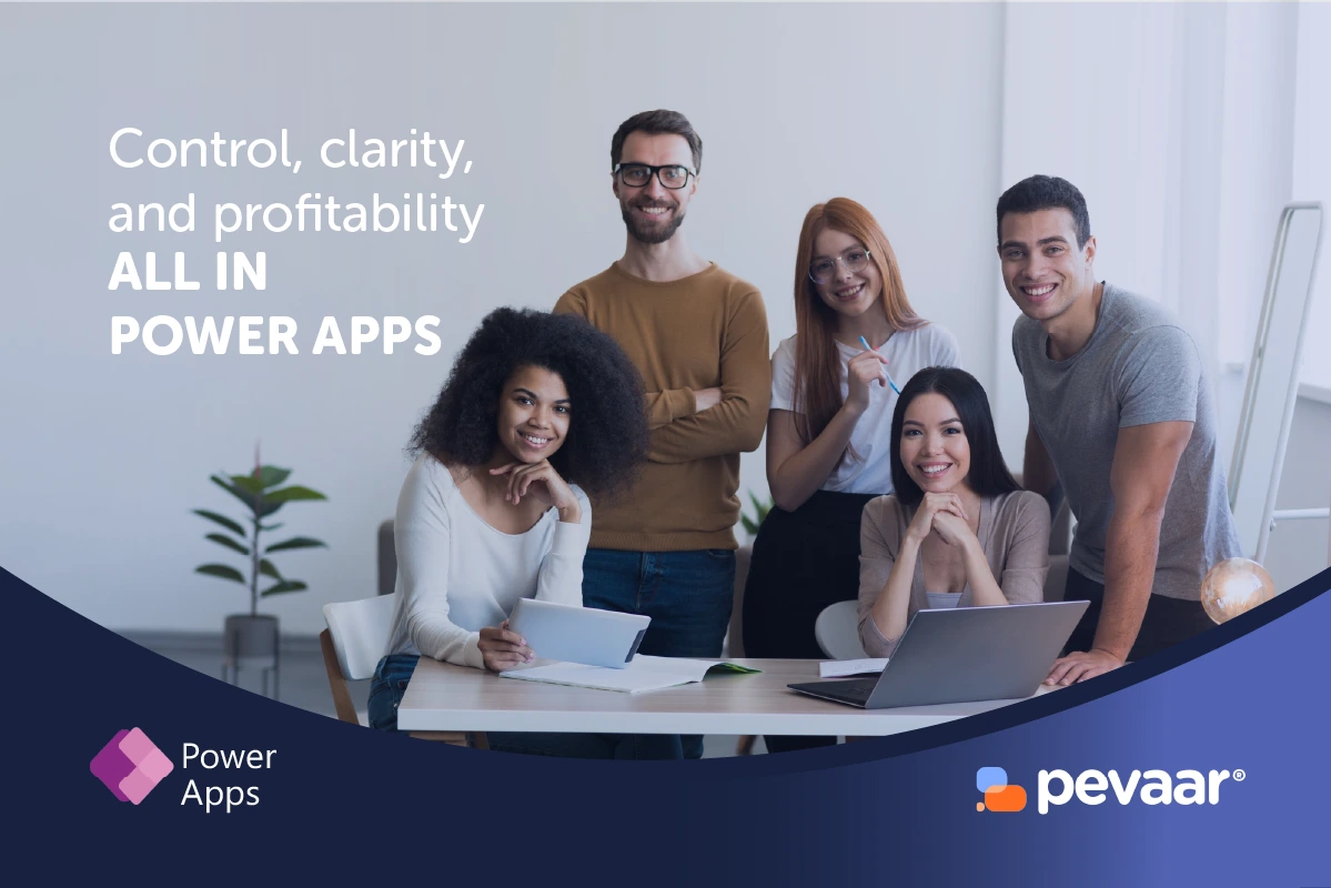 Partners working in front of a laptop enjoying the Power Apps project profitability app