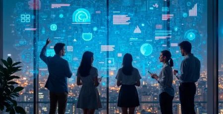 Equipo de oficina trabajando con los Agentes de IA colaborativos.