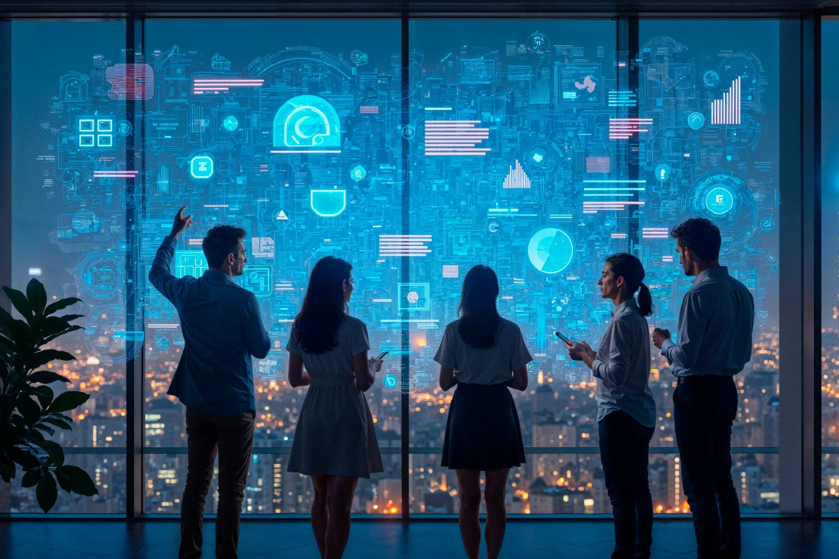 Equipo de oficina trabajando con los Agentes de IA colaborativos.