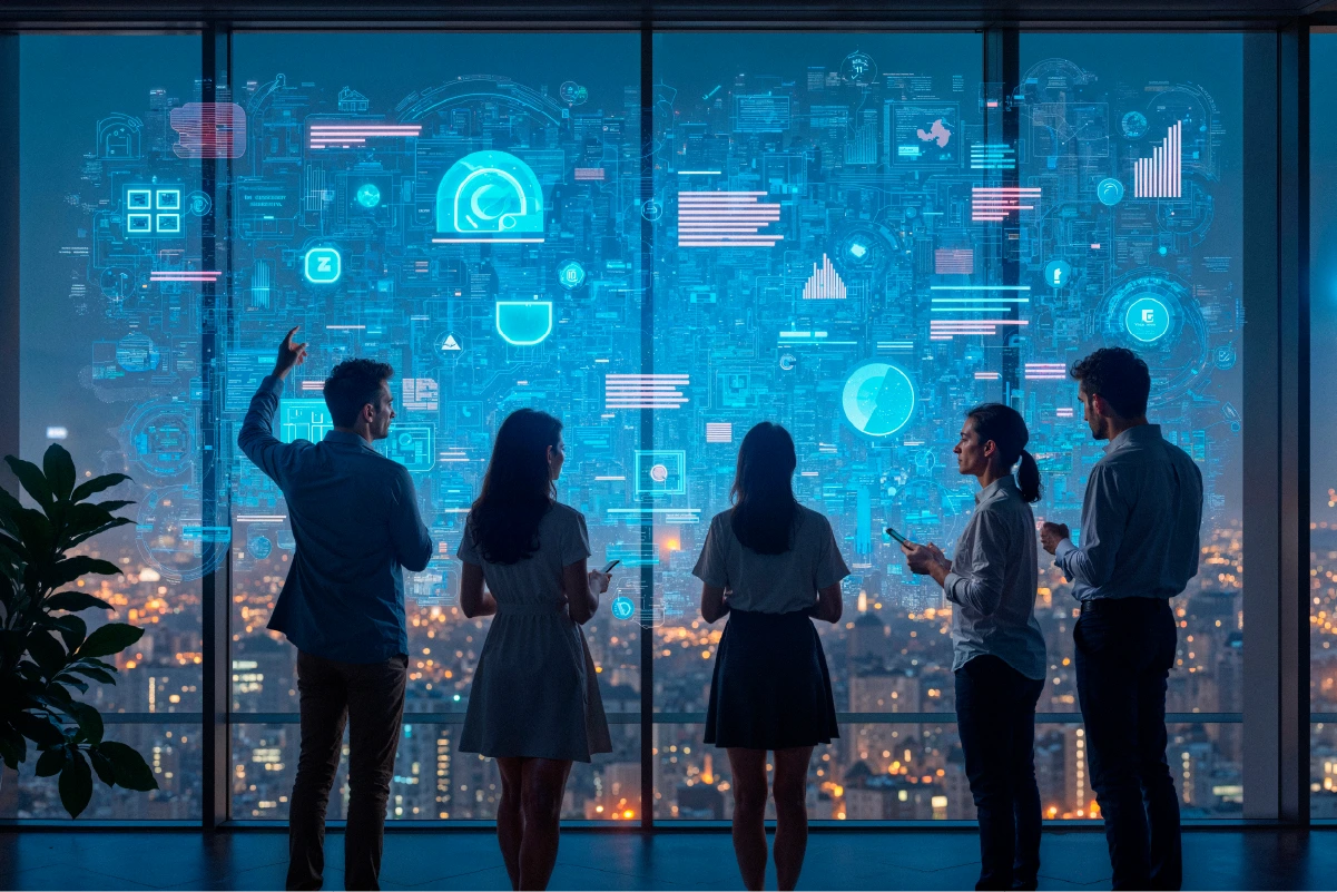 Office team working with collaborative AI agents.