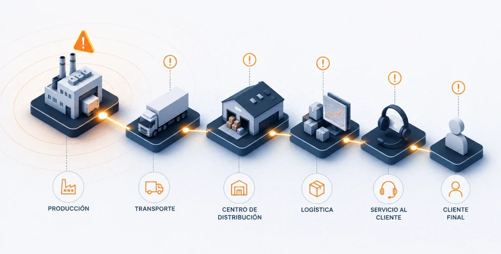Efecto dominó de Producción en la operación logística Efecto dominó de un retraso en Producción que impacta Transporte, Logística, Servicio al Cliente y al cliente final