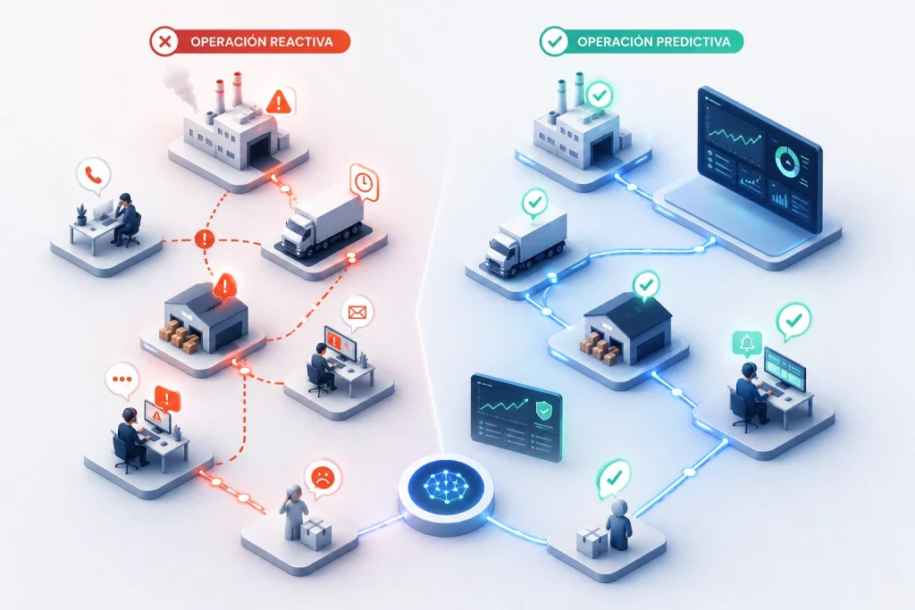Operación reactiva vs. operación predictiva Comparación entre una operación reactiva y una operación predictiva en Supply Chain