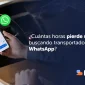 Conductor sosteniendo un celular con una aplicación de rutas y notificaciones de WhatsApp, junto al texto "¿Cuántas horas pierde su equipo buscando transportadores por WhatsApp?"