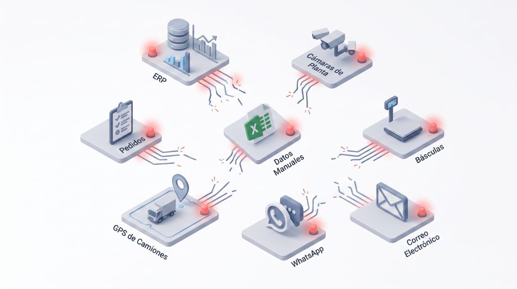 Caos Operativo y Silos de Información Plataformas operativas aisladas y desconectadas en estilo 3D minimalista, representando el caos de los silos de información