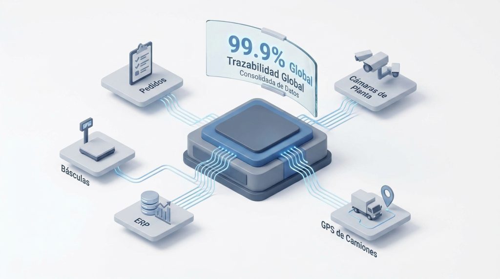 Plataforma Central de Orquestación de Datos Logísticos Agente orquestador unificando datos operativos en una plataforma central mostrando la incertidumbre en la cadena de suministro, estilo 3D minimalista.