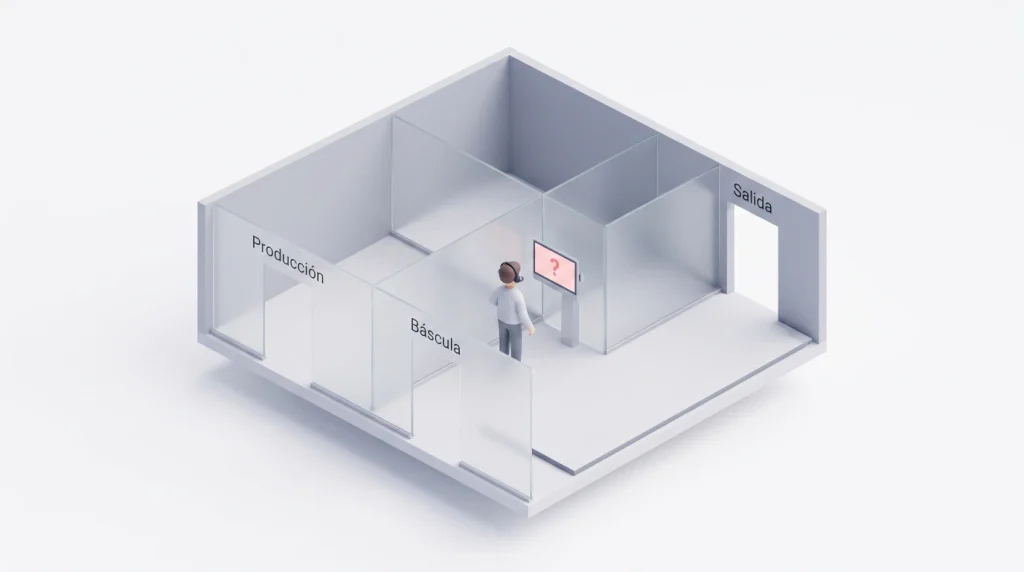 Los Silos de Información como Barreras Operativas Corte transversal isométrico en 3D minimalista mostrando muros de silos de información bloqueando al equipo de atención