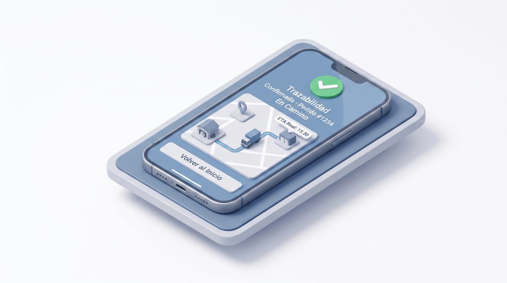 Entregar previsibilidad y tranquilidad al cliente final es el resultado de una operación logística orquestada y sin silos. Smartphone en estilo 3D minimalista mostrando una notificación de trazabilidad confirmada y pedido en camino sobre un mapa