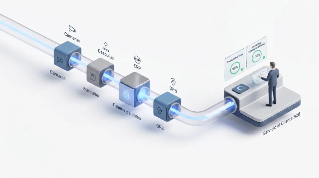 Unificación y Visibilidad Operacional Total con Agente de IA Pevaar Diagrama 3D isométrico que ilustra cómo un Agente de IA unifica datos de logística de fuentes como Cámaras, Básculas, ERP y GPS para proporcionar trazabilidad y visibilidad operacional total